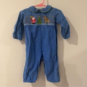 Vive La Fete Baby Boy Smocked Long Romper Santa Christmas Holiday Blue Corduroy